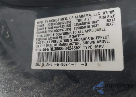 2005 Honda Odyssey Ex-L z USA, uszkodzony, nr VIN 5FNRL38685B424852